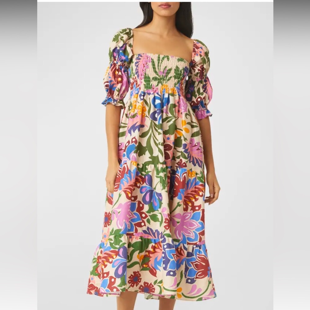 MISA Los Angeles Floral Smocked Tiered Midi Yolanda Dress
